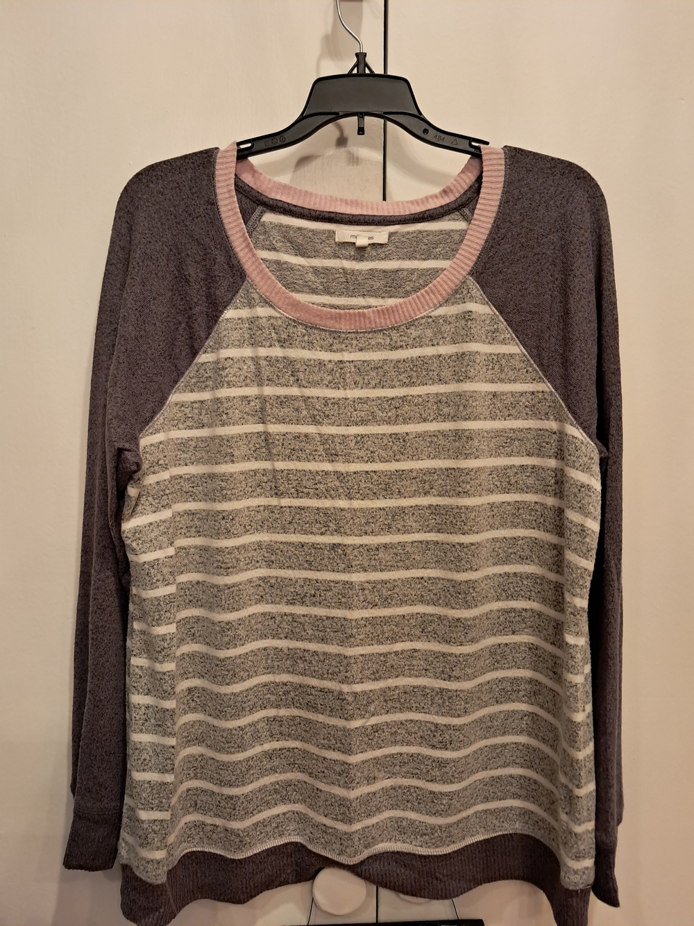 Maurices Striped Raglan Long Sleeve Top in Gray, White & Pink Trim